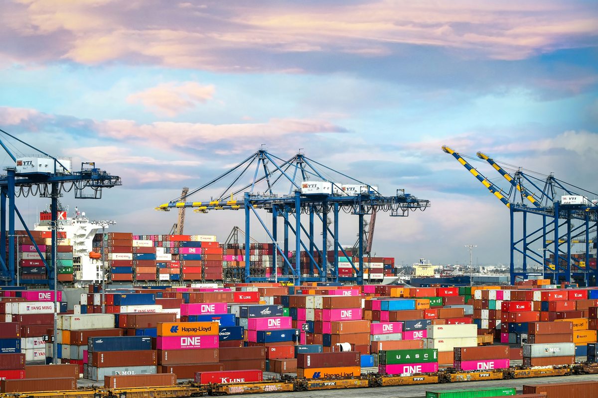 Stacked shipping containers at a port